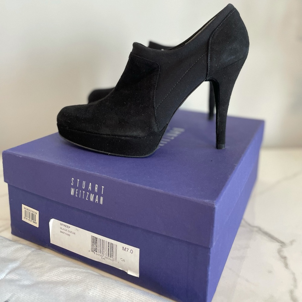 Stuart Weitzman Black Suede Upkeep Platform Ankle Boot 7